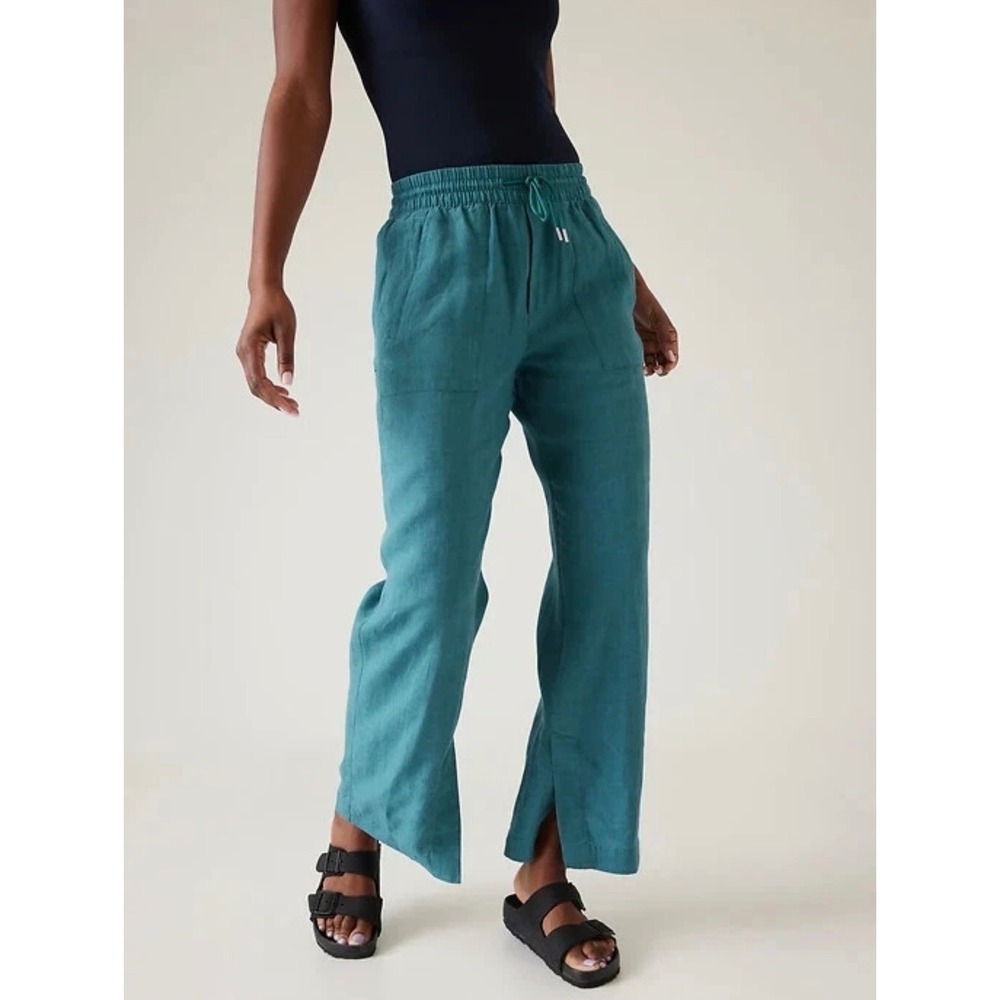 Athleta Retreat Linen High Rise Wide Leg Pants Teal Pull On Slit Hem Women's 8